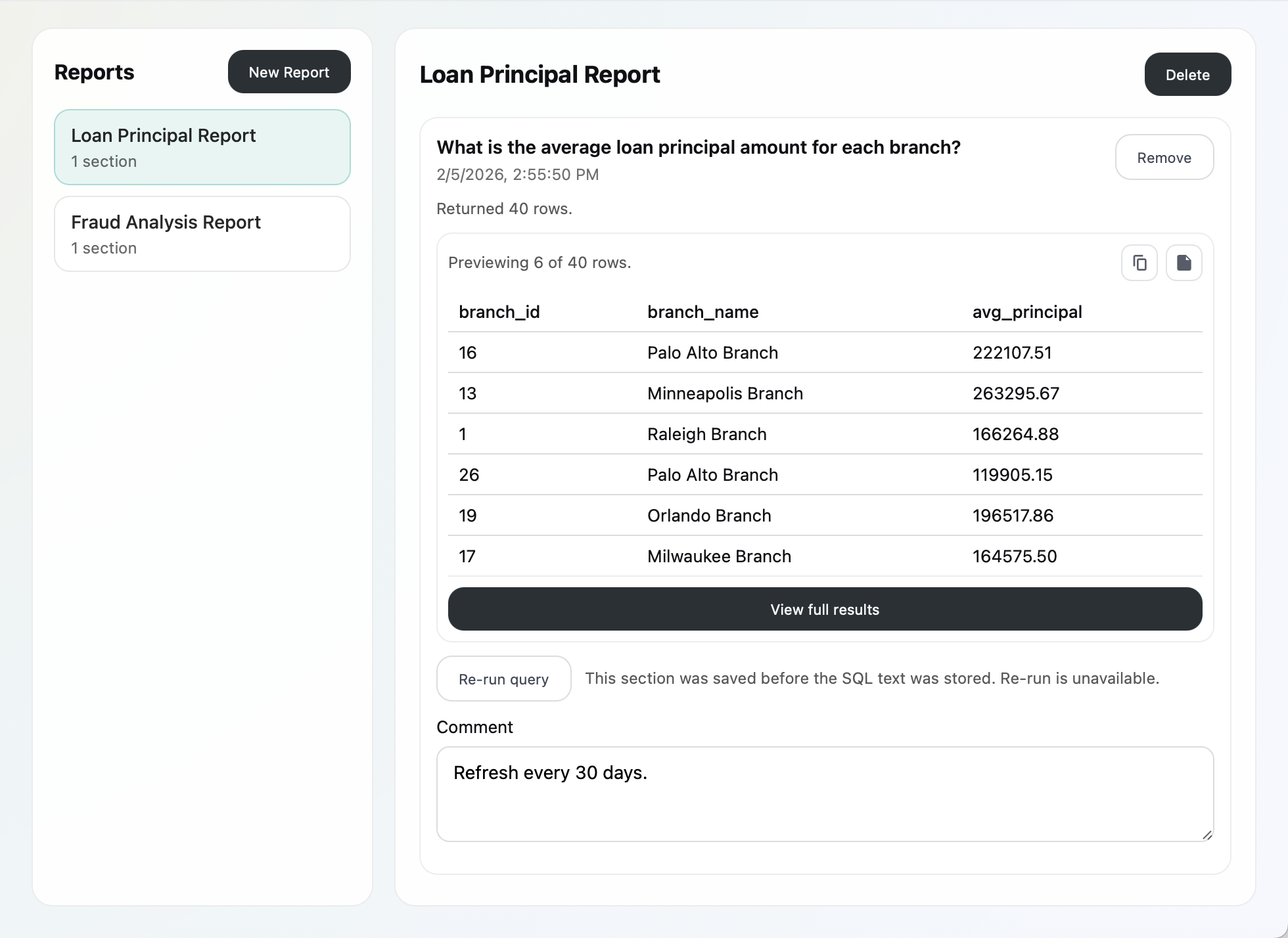 Rivlo Reports interface showing saved reports with SQL and results